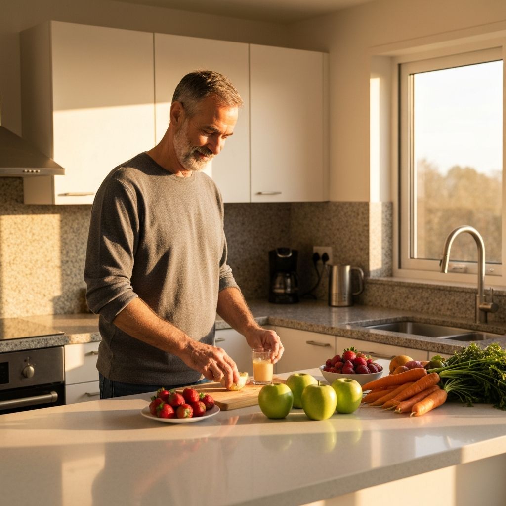 Man preparing healthy breakfast in modern kitchen