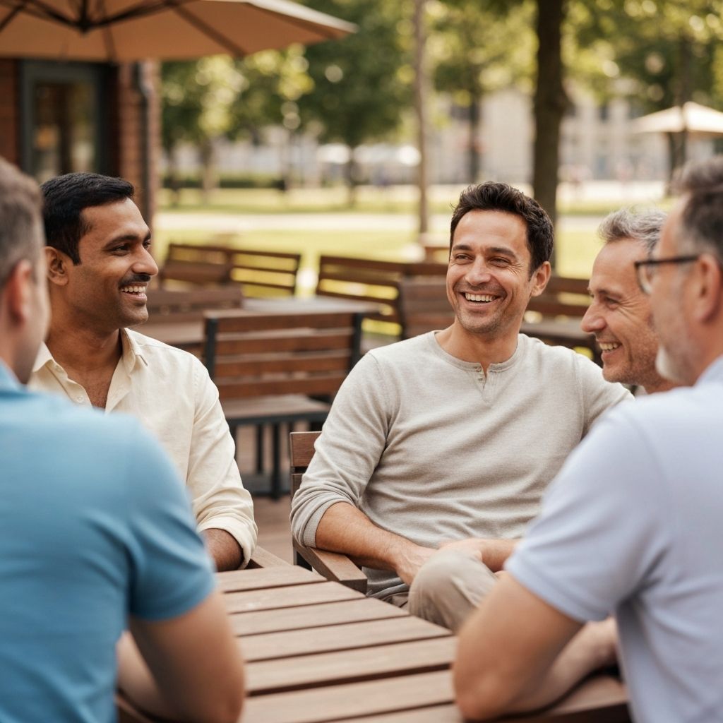 Group of middle-aged men enjoying conversation outdoors